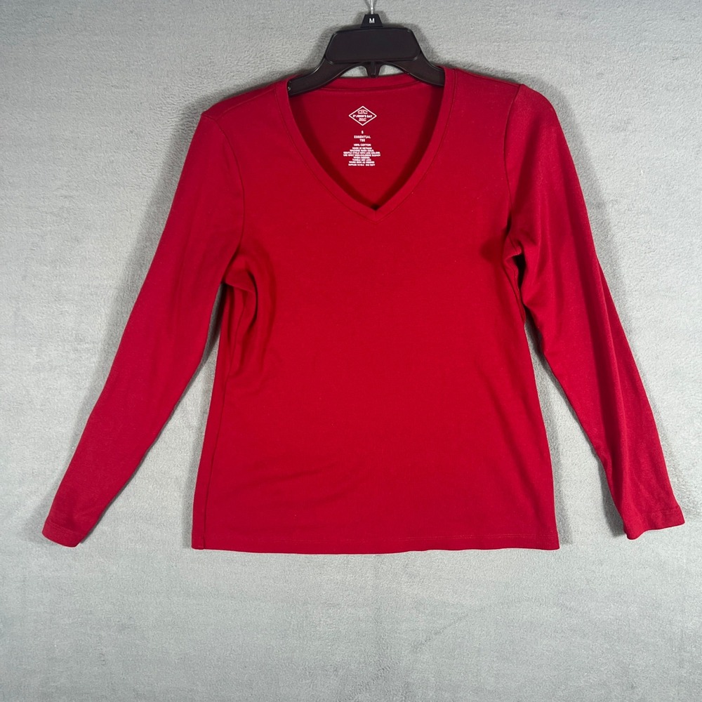 St Johns Bay Womens Essential Tee S Red Solid V-Neck Long Sleeve T-Shirt